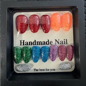 Hand made Glitter press on Nail Set - Red, Orange, Green, Blue, Purple, Silver